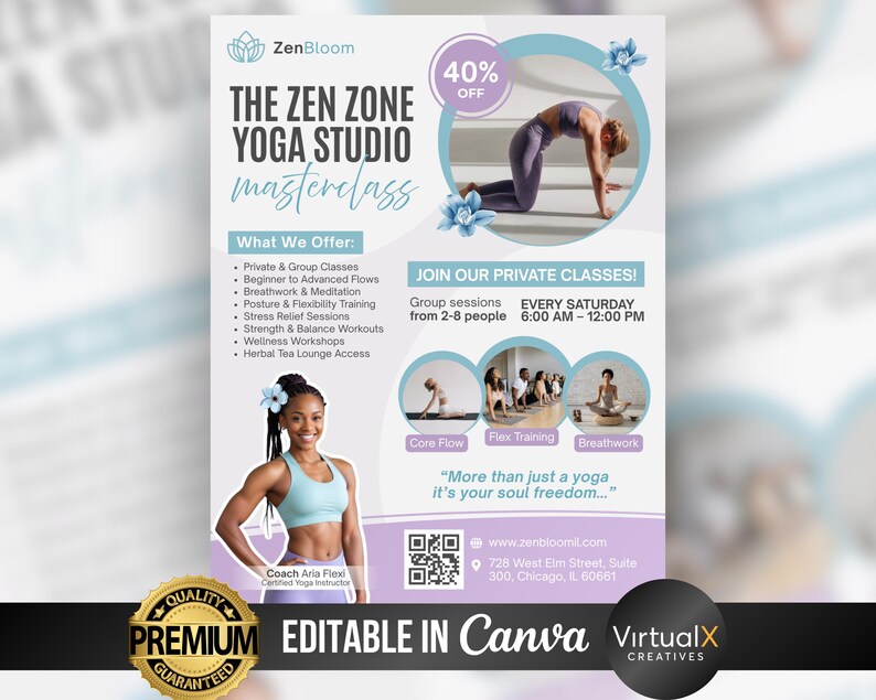 Flyer för yogaklass, flygblad för yogastudio, flygblad för yogainstruktör, flygblad för meditation, mall för yogafitness-mästarklass, andligt välbefinnande, Canva bild 6
