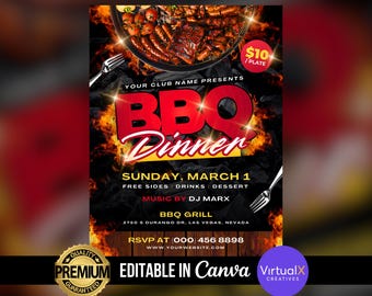 BBQ Dinner Flyer, Barbecue Party, Restaurant Cookout Flyer, BBQ Fundraiser Event, Food Truck Editable, DIY Canva Nightclub Template Design