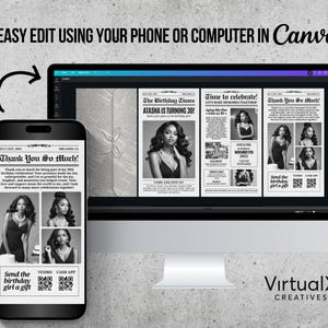 May include: A black and white digital newspaper template for a birthday party. The template features a headline that says "The Birthday Times" and a subheading that says "ATASHA IS TURNING 30!" The template also includes a photo of a woman, a QR code, and the text "Send the birthday girl a gift".