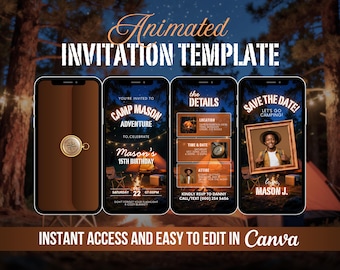 Camping Birthday Party Invitation, Smores Campfire Bonfire Invite, Bday Bash Glamping Video, Animated Outdoor Backyard Camp, DIY Template