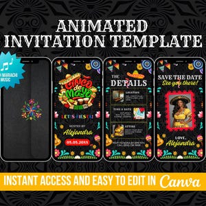 May include: Animated invitation template for a Cinco de Mayo celebration, displayed on smartphone screens. The design includes festive graphics, the text "Cinco de Mayo," and the phrase "Let's Fiesta!" The invitation is easy to edit in Canva.