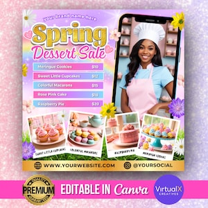 Folleto de venta de repostería de primavera, folleto de dulces de primavera, folleto de postres de vacaciones de primavera, venta de panadería, folleto de venta de pasteles, diseño de plantilla de Canva para hacer uno mismo