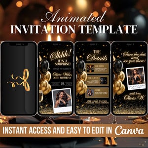 Puede incluir: Plantilla de invitación digital animada para una fiesta sorpresa de cumpleaños. La plantilla presenta un fondo negro con confeti dorado, globos y una copa de champán. El texto "Shhh! ¡Es una sorpresa!" se muestra en letras doradas. La invitación incluye el nombre, la edad y la fecha de la fiesta de la persona que cumple años. El texto "Save the date and see you there!" se muestra en letras doradas. La invitación también incluye una foto de la persona que cumple años.