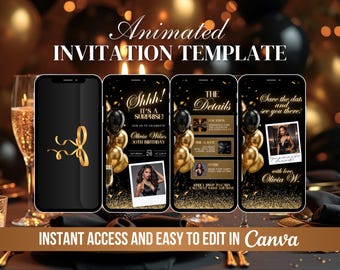 May include: Animated digital invitation template for a surprise birthday party. The template features a black background with gold confetti, balloons, and a champagne glass. The text "Shhh! It's a Surprise!" is displayed in gold lettering. The invitation includes the birthday person's name, age, and date of the party. The text "Save the date and see you there!" is displayed in gold lettering. The invitation also includes a photo of the birthday person.