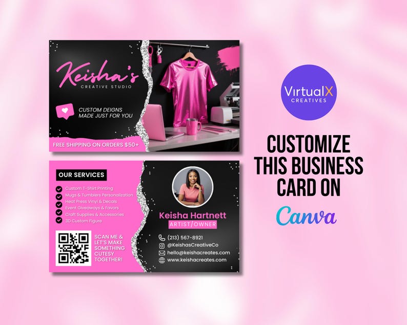 May include: Business card design in pink and black, with the text "Keisha's Creative Studio." The card includes a photo of a woman, contact details, and a QR code. The design also showcases a pink shirt on a hanger.