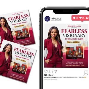 May include: A social media post promoting a book launch event for "Fearless Visionary" by Sophia Reynolds. The post features a photo of the author in a red blazer, with the event details and a website address. The post has 10k likes and a comment from VirtualX Creatives.