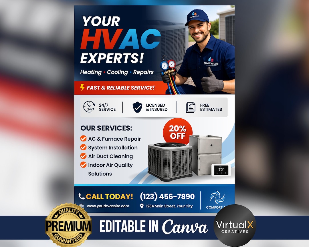 HVAC Flyer, Heating & Cooling Service, AC Repair Ad, Contractor ...