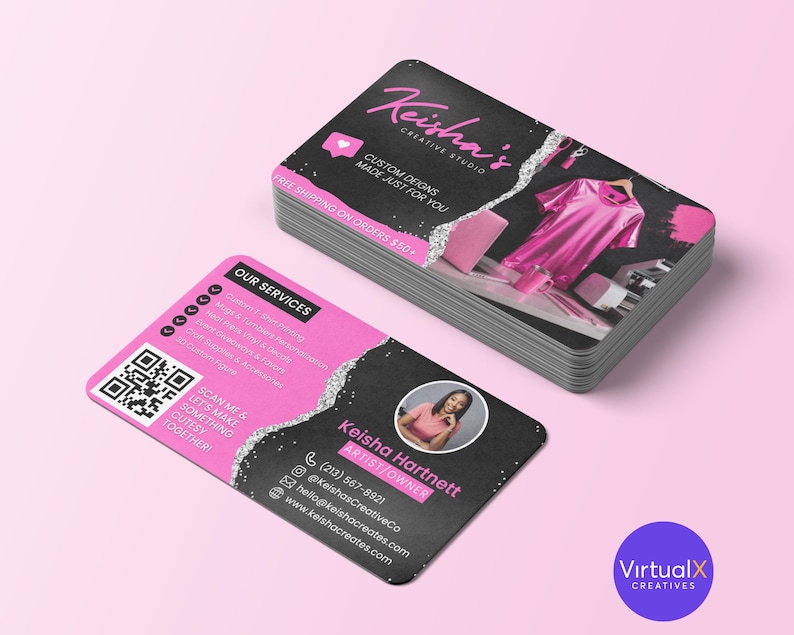 May include: A pile of business cards with rounded edges. The cards have a black and pink design with the text "Keisha's Creative Studio." One card shows a QR code and the text "Scan me & let's make something cutesy together!"