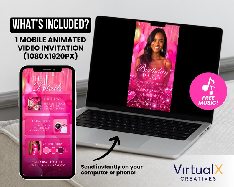 May include: A pink animated birthday party invitation displayed on a laptop and a smartphone. The invitation features a photo of a woman, the words "Birthday Party", and event details. The phone screen shows event details. The laptop screen displays the invitation. The image includes the text "Free Music!"