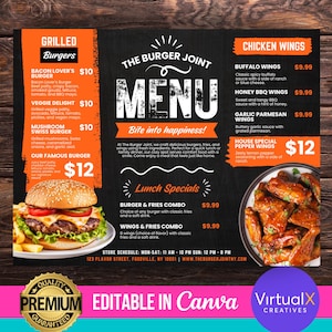 Volante de menú especial de hamburguesas, menú de food truck, menú de comida rápida, menú de catering editable, menú de venta de comida imprimible, diseño de plantilla de Canva DIY