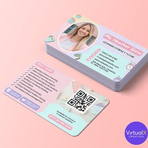 May include: A stack of business cards with a light pink and purple design. The cards feature a photo of a woman, contact information, and a list of services. The text on the card reads "Ms. Heather Slate, Licensed Literacy Tutor."