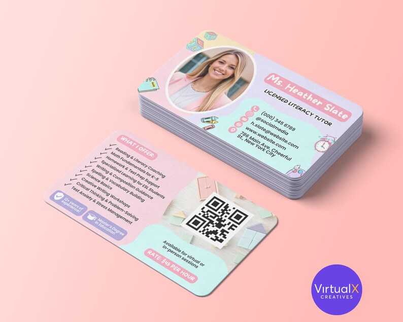 May include: A stack of business cards with a light pink and purple design. The cards feature a photo of a woman, contact information, and a list of services. The text on the card reads "Ms. Heather Slate, Licensed Literacy Tutor."