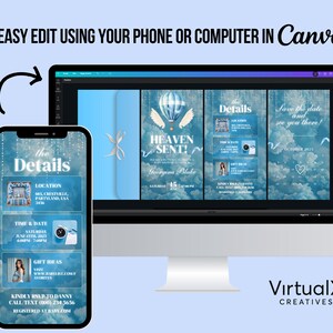 May include: A digital design displayed on a smartphone and computer screen, showcasing a wedding invitation template. The design features a blue sky background with clouds, a hot air balloon, and the text "Heaven Sent!" and "The Details." The Canva logo is visible.