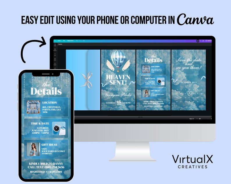 May include: A digital design displayed on a smartphone and computer screen, showcasing a wedding invitation template. The design features a blue sky background with clouds, a hot air balloon, and the text "Heaven Sent!" and "The Details." The Canva logo is visible.