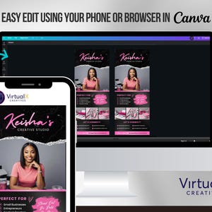 Puede incluir: Un dise&ntilde;o de marketing digital que se muestra en un monitor de computadora y un tel&eacute;fono inteligente. El dise&ntilde;o presenta el texto "Keisha's Creative Studio" en rosa y negro, junto con una foto de una mujer. El dise&ntilde;o tambi&eacute;n incluye el texto "Easy Edit Using Your Phone or Browser in Canva."