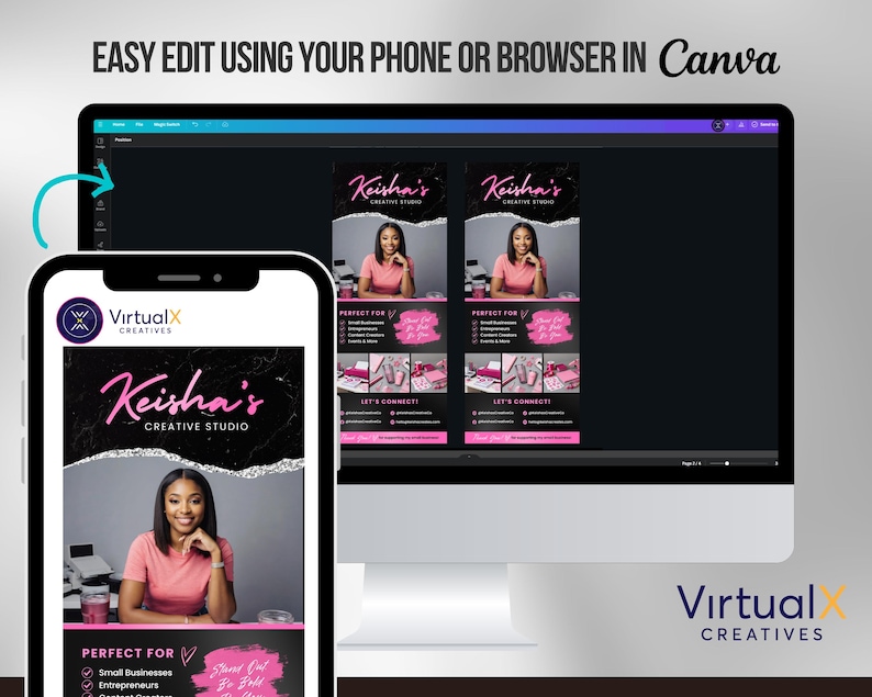 Puede incluir: Un dise&ntilde;o de marketing digital que se muestra en un monitor de computadora y un tel&eacute;fono inteligente. El dise&ntilde;o presenta el texto "Keisha's Creative Studio" en rosa y negro, junto con una foto de una mujer. El dise&ntilde;o tambi&eacute;n incluye el texto "Easy Edit Using Your Phone or Browser in Canva."