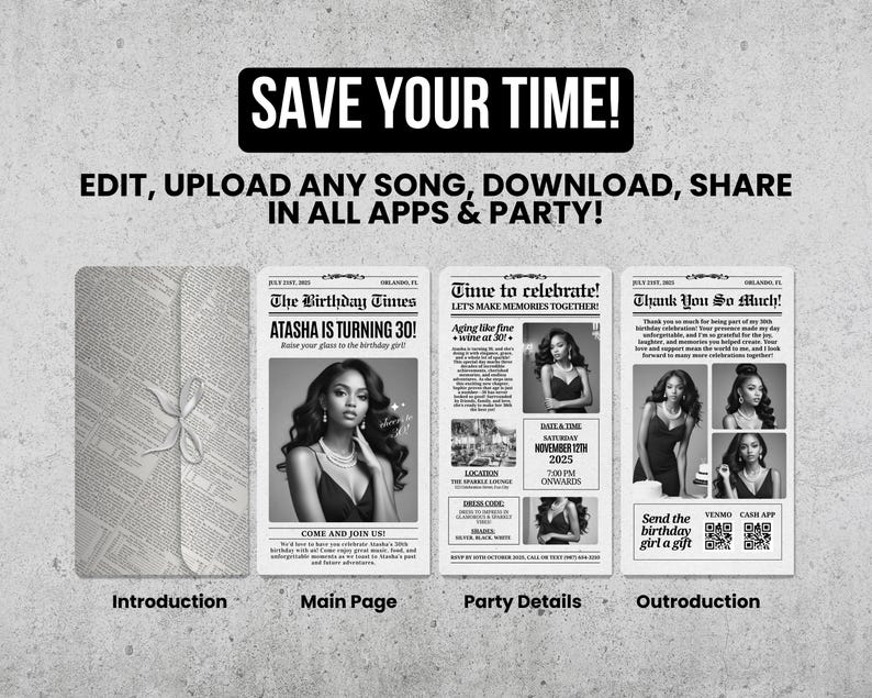 May include: A black and white newspaper-style invitation for a 30th birthday party. The invitation features a photo of the birthday girl, the text "Atisha is turning 30!" and party details including the date, time, and location. The invitation also includes a thank you message and a QR code for sending a gift.