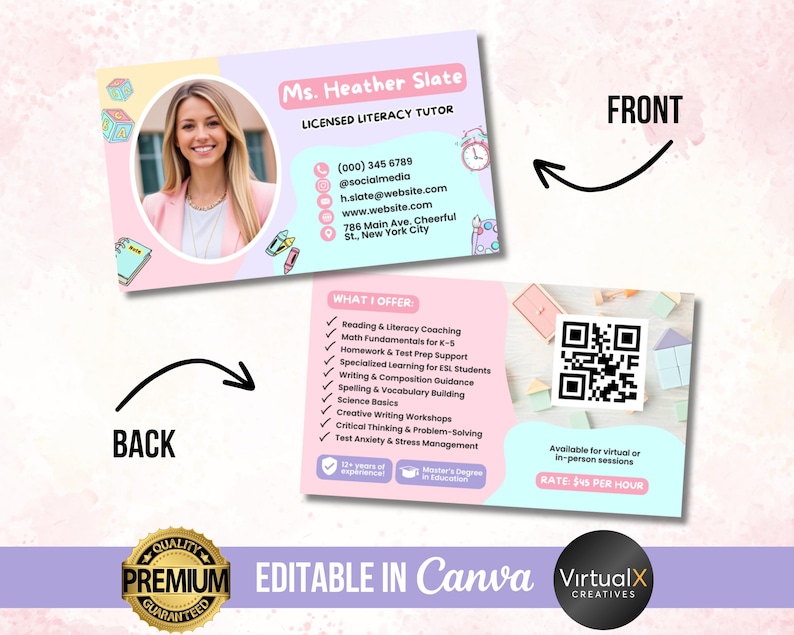 May include: A business card design with a photo of a woman, contact information, and a list of services. The card is light pink and blue with decorative elements. The back of the card includes a QR code and text about virtual or in-person sessions.