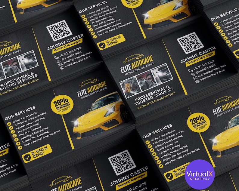 Może przedstawiać: Czarno-ż&oacute;łta wizyt&oacute;wka dla Elite Autocare, mobilnego serwisu detailingu samochodowego. Wizyt&oacute;wka zawiera ż&oacute;łty samoch&oacute;d sportowy, kod QR i tekst "Profesjonalne i zaufane usługi. Gwarancja satysfakcji!"