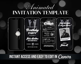 Men Suit Birthday Party Invite, Men's Dinner Invitation, Male Bday Event Video, Animated Bachelors Party Digital Canva, DIY Black Suit Evite