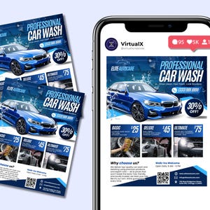 May include: A promotional flyer and a smartphone display for Elite Autocare's professional car wash services. The flyer and phone screen feature a blue car, the text "Professional Car Wash," and a 30% off promotion. Pricing for basic, deluxe, and ultimate services is also displayed.