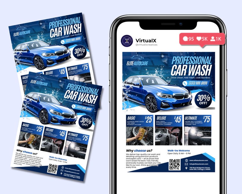 May include: A promotional flyer and a smartphone display for Elite Autocare's professional car wash services. The flyer and phone screen feature a blue car, the text "Professional Car Wash," and a 30% off promotion. Pricing for basic, deluxe, and ultimate services is also displayed.