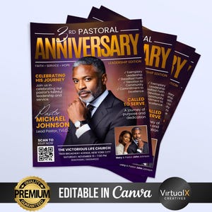 May include: A stack of flyers for the 3rd Pastoral Anniversary, Leadership Edition. The design features a portrait of Pastor Michael Johnson, with gold and purple accents. The text includes event details and a QR code.