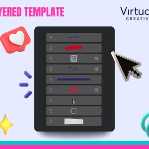 May include: A layered template for a social media post, displayed on a tablet screen. The template includes a heart icon, a red line, a QR code, a blue line, a red heart design, a white silhouette of a person, a white ring, and a white rectangle.