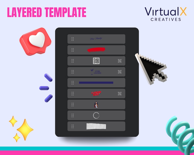 May include: A layered template for a social media post, displayed on a tablet screen. The template includes a heart icon, a red line, a QR code, a blue line, a red heart design, a white silhouette of a person, a white ring, and a white rectangle.
