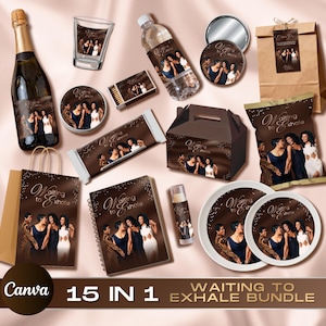 Könnte beinhalten: Eine Sammlung brauner und goldfarbener Partyartikel, darunter eine Champagnerflasche, ein Schnapsglas, eine Wasserflasche und Geschenktüten. Die Artikel zeigen ein Gruppenfoto und den Text "Waiting to Exhale".