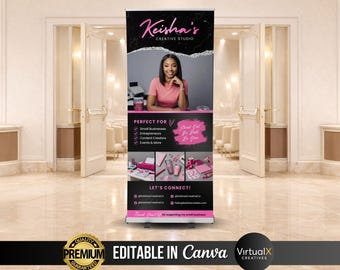 Puede incluir: Una pancarta retráctil negra y rosa con una mujer con una camisa rosa. La pancarta incluye el texto "Keisha's Creative Studio" y "Perfect For" con una lista de servicios. La parte inferior de la pancarta dice "Let's Connect!" y "Editable in Canva."