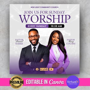 Op de afbeelding: Een paarse en witte flyer voor een kerkdienst. De flyer zegt "Join us for Sunday Worship" en toont twee predikanten, Daniel Harris en Mary Collins. De dienst is elke zondag om 10:30 uur. De flyer zegt ook "Editable in Canva" en "VirtualX Creatives".
