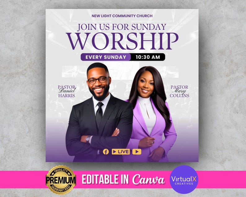 Op de afbeelding: Een paarse en witte flyer voor een kerkdienst. De flyer zegt "Join us for Sunday Worship" en toont twee predikanten, Daniel Harris en Mary Collins. De dienst is elke zondag om 10:30 uur. De flyer zegt ook "Editable in Canva" en "VirtualX Creatives".
