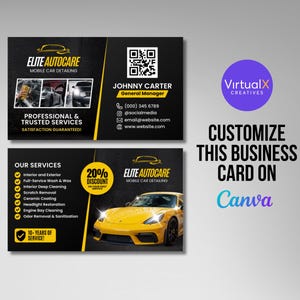 Może przedstawiać: Czarno-ż&oacute;łta wizyt&oacute;wka dla Elite Autocare, mobilnego serwisu detailingu samochodowego. Wizyt&oacute;wka przedstawia ż&oacute;łty samoch&oacute;d sportowy, kod QR i dane kontaktowe firmy. Tekst na wizyt&oacute;wce brzmi: "Elite Autocare, Mobilny Detailing Samochodowy, Profesjonalne i Zaufane Usługi, Gwarancja Zadowolenia!" i "Nasze Usługi: Wnętrze i Zewnętrze, Pełne Mycie i Woskowanie, Głębokie Czyszczenie Wnętrza, Usuwanie Zarysowań, Powłoka Ceramiczna, Renowacja Reflektor&oacute;w, Czyszczenie Komory Silnika, Usuwanie Zapach&oacute;w i Dezynfekcja, 10 Lat Usług!"