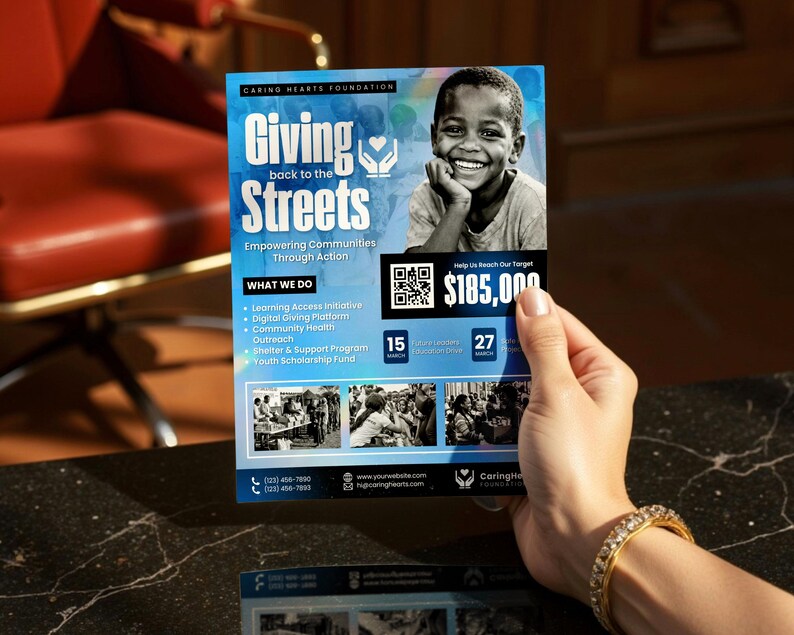 Mall för att ge tillbaka-flyer | Redigerbar affisch för välgörenhetsdonationer | Canva-mall för ideella och samhällsdrivna organisationer | Gör-det-själv-flyerdesign för insamlingar bild 5