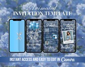 Blue Baby Shower Invite, Floral Animated Invitation, Editable Party Digital Video, Boho Babyshower Canva Evite