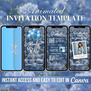 May include: Animated baby shower invitation template with blue and white colors. The template features a blue envelope, a blue background with white stars, and a blue balloon with the text "Baby on the Way!" The template also includes a save the date card with a photo of a pregnant woman.