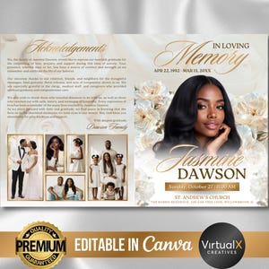 Programa funerario de 4 páginas, En memoria de un ser querido, Obituario, Que en paz descanse, Celebración de la vida, Plantilla de programa funerario plegable con rosas blancas, Canva