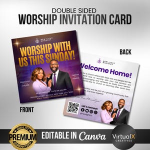 May include: Double-sided worship invitation card with the text "Worship with us this Sunday!" in gold lettering. The front features images of a man and woman. The back says "Welcome Home!" and includes contact information.