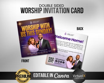 Pode incluir: Cartão de convite de adoração de dupla face com o texto "Worship with us this Sunday!" em letras douradas. A frente apresenta imagens de um homem e uma mulher. A parte de trás diz "Welcome Home!" e inclui informações de contato.