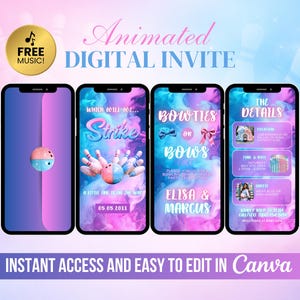 Bowties or Bows Bowling Gender Reveal Invite, He or She Animated Invitation, Editable Blue or Pink Party Digital Video, Sports Theme Canva