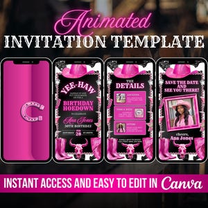 May include: Animated digital invitation template for a birthday party with a pink and black cowgirl theme. The template features a pink cowboy hat, a horseshoe, and a skull with antlers. The text on the template reads "Yee-Haw! Saddle up and put your boots on for a birthday hoedown to celebrate Ana Jones' 30th birthday."