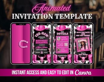 Animated Pink Cowgirl Hoedown Birthday Party Invitation, Glam Country Western Evite, Saddle Up and Put Your Boots On, Digital Rodeo Template