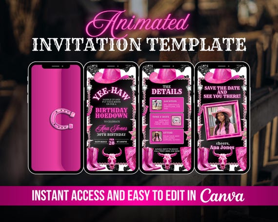 Animated Pink Cowgirl Hoedown Birthday Party Invitation, Glam Country Western Evite, Saddle Up and Put Your Boots On, Digital Rodeo Template