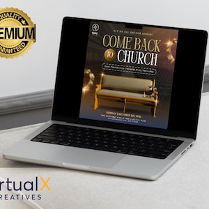 Pode incluir: Um laptop exibe um an&uacute;ncio de evento da igreja com o texto "COME BACK TO CHURCH". O an&uacute;ncio apresenta uma ilustra&ccedil;&atilde;o de um banco de igreja. Um selo dourado "PREMIUM GARANTIDO" est&aacute; no canto superior esquerdo. O laptop est&aacute; em uma superf&iacute;cie branca.