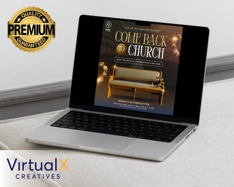 Pode incluir: Um laptop exibe um an&uacute;ncio de evento da igreja com o texto "COME BACK TO CHURCH". O an&uacute;ncio apresenta uma ilustra&ccedil;&atilde;o de um banco de igreja. Um selo dourado "PREMIUM GARANTIDO" est&aacute; no canto superior esquerdo. O laptop est&aacute; em uma superf&iacute;cie branca.