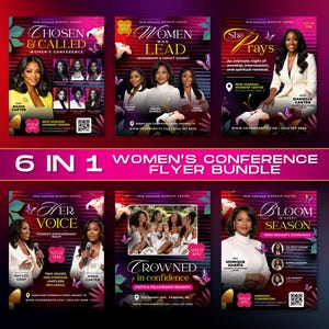 Puede incluir: Un conjunto de seis folletos para una conferencia de mujeres, con un fondo degradado rojo oscuro y púrpura. Cada folleto presenta a una mujer diferente y el título del evento, como "Chosen & Called" y "She Prays". El conjunto se titula "6 in 1 Women's Conference Flyer Bundle."