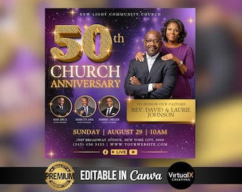 Church Anniversary Flyer, Pastor Appreciation Flyer, Pastor and Wife, Pastoral Anniversary, Worship Church, Gold Church Canva Template DIY