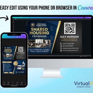 Puede incluir: Imagen de marketing digital que se muestra en un tel&eacute;fono inteligente y una pantalla de ordenador. La imagen promociona "Programas de Vivienda Compartida" con texto y un c&oacute;digo QR. El dise&ntilde;o incluye detalles en oro y azul, con el logotipo de Canva visible.