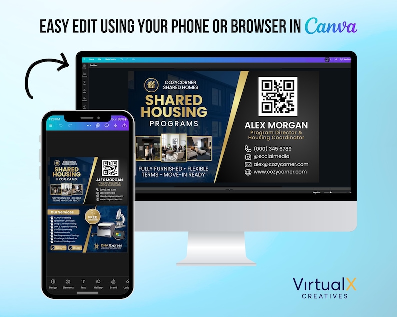 Puede incluir: Imagen de marketing digital que se muestra en un tel&eacute;fono inteligente y una pantalla de ordenador. La imagen promociona "Programas de Vivienda Compartida" con texto y un c&oacute;digo QR. El dise&ntilde;o incluye detalles en oro y azul, con el logotipo de Canva visible.